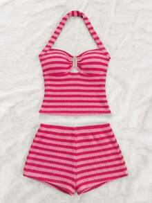 Soleia Women's Halter Backless Sleeveless Striped Hollow-Out Fashion Summer 2 Pieces Set - Hot Pink - View 3