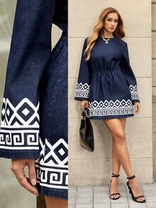 Selenza Vestido vaquero de manga larga con cuello redondo y estampado geométrico casual para mujer - Azul lavado oscuro - Ver 1