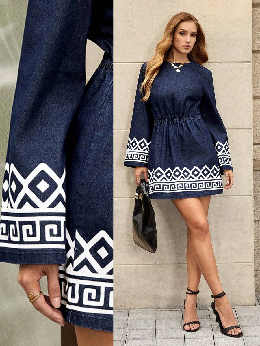 Selenza Vestido vaquero de manga larga con cuello redondo y estampado geométrico casual para mujer - Azul lavado oscuro - Ver 1