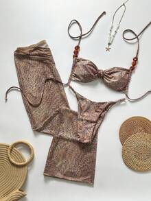 Swim Vcay Multicolor Halter Rhinestone Textured Pattern Bikini Set With Long Thongs Skirt For Women - Multicolor - View 2