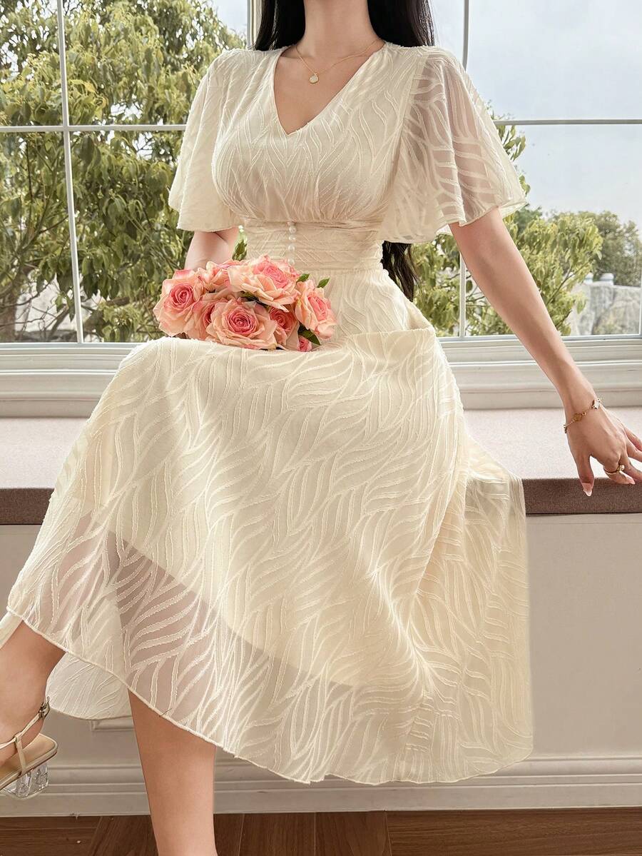 DAZY Vestido midi ajustado de encaje elegante, adecuado para vacaciones, primavera y verano - Beis - Ver 1