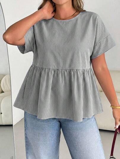 Shapeblank Chemise à manches courtes rayée bleue, style décontracté, ample et confortable, pour tous les jours, polyvalente et affinante, pour femmes grandes tailles, mode printemps/été, blouse femme, tenues d'été, style simple, vêtements à la mode pour morphologies généreuses