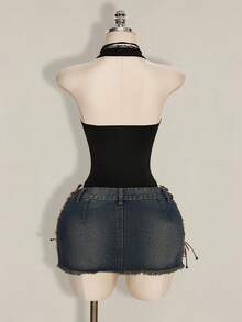 SHEIN ICON 性感深V领蕾丝拼接女士连体衣 - 黑色 - 查看 2