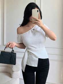 Celisse Áo kiểu dáng thanh lịch, cổ áo thắt nơ, vai trần, dáng ôm vừa vặn dành cho nữ. - trắng - Xem 6