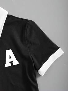 少女夏季休闲运动撞色滚边纽扣半拉链连体衣 - 黑色 - 查看 3