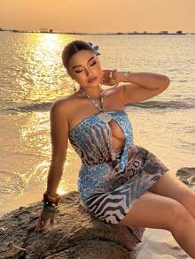 Sunnyshic Große Größen Damen Blaues sexy Mesh Leoparden Muster Strandkleid, Rock für den Urlaub - Verschiedenfarbig - Übersicht 1