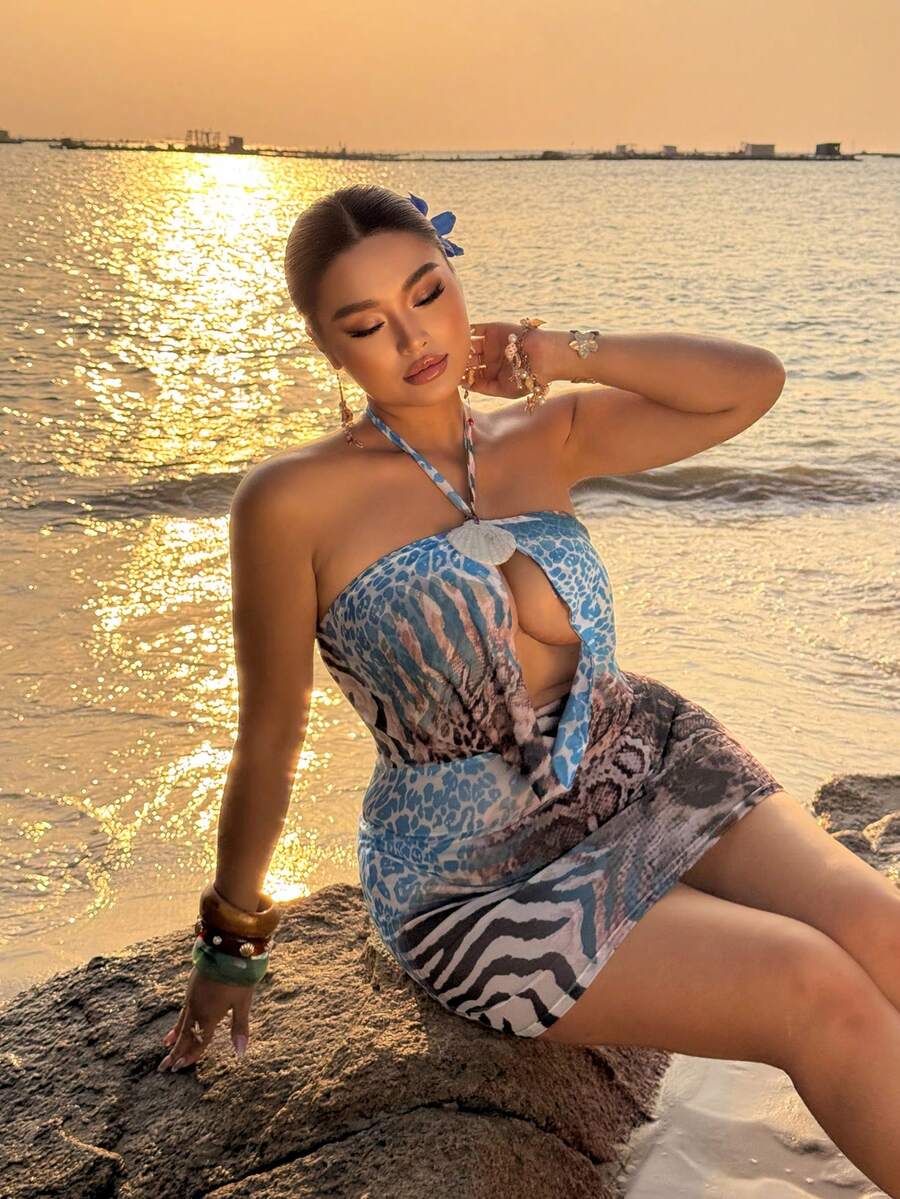Sunnyshic Große Größen Damen Blaues sexy Mesh Leoparden Muster Strandkleid, Rock für den Urlaub - Verschiedenfarbig - Übersicht 1