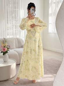 Al Najma Elegant Round Neck Beaded Side Tie Waist Flare Sleeve Robe Jalabiya, Spring/Summer - Yellow - View 6