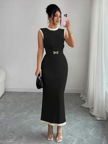 Elenzga Women Summer,Elegant,Office,Autumn,Black Beige,Knitted Texture Pit Stripes,Elastic Tight Waist-Cinching Dress,Metal Design,Color-Blocking Patchwork - Black - View 4