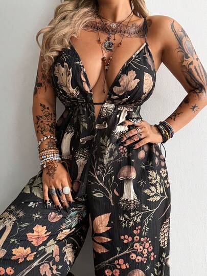 Whyspr Bộ jumpsuit dài dáng rộng, cổ chữ V, dây mảnh, eo thon, cỡ lớn, màu tối.