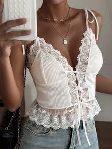 Áo tank top nữ dáng ôm, phối ren, thắt nơ, thích hợp cho mùa xuân và mùa hè. - trắng - Xem 3