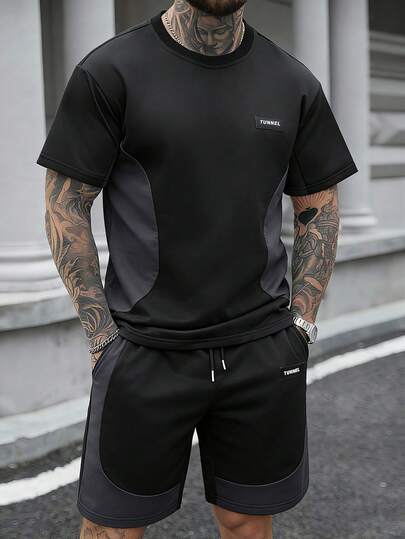 SLATEMANN Bộ áo thun và quần short nam phối màu tương phản, phong cách thường ngày, thích hợp cho mùa hè.