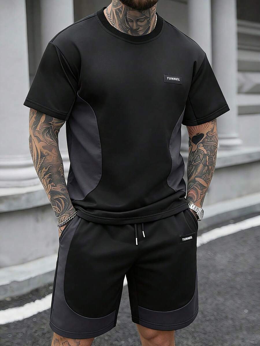 SLATEMANN Bộ áo thun và quần short nam phối màu tương phản, phong cách thường ngày, thích hợp cho mùa hè. - Nhiều màu - Xem 1