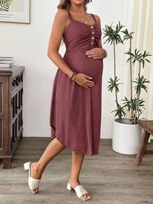 Cheriluna Maternity Maternity Summer Casual Vacation Solid Color Ruched Bust Button Decor Nursing Slip Dress - Burgundy - View 6