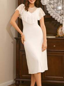 Côtesoire Áo ngủ nữ thanh lịch màu trơn phối lưới cổ tròn, kiểu Pháp duyên dáng. - trắng - Xem 3