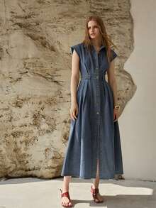 PREMIUM WOMEN'S CASUAL COMMUTER PLEATED WAIST DENIM DRESS, WITHOUT BELT, SPRING/SUMMER - Medium Wash - View 4