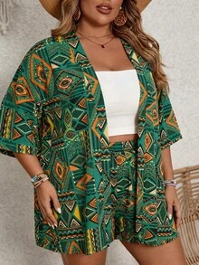 SHEIN CURVE+ Curve 尺码 US22 音乐节、海滨度假、波西米亚风女士几何印花七分袖和服衬衫及短裤休闲两件套 - 綠色 - 查看 6