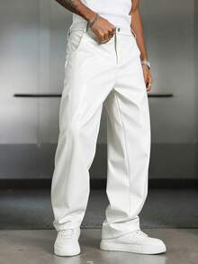 PAVTROS Men's Casual Slant Pocket Loose PU Leather Pants - White - View 3