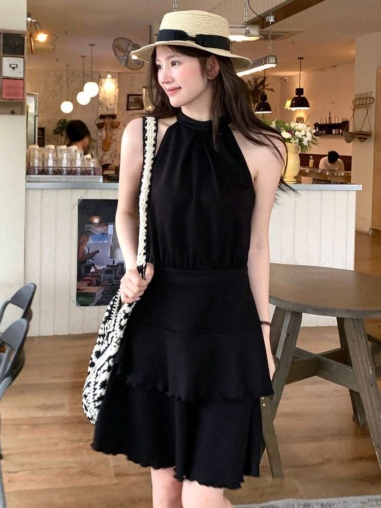 Women's Casual Vacation Minimalist Solid Color Halter Neck Double Ruffle Hem Mini Dress, Summer Sun Dresses For Women