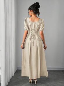 SHEIN Asymmetric Shoulder Ruched Waist A-Line Elegant Romantic Maternity Dress, Comfortable - Apricot - View 2