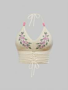 ROMWE Kawaii Áo len thêu hoa cổ yếm cỡ lớn, kỳ nghỉ xuân - Màu be - Xem 3