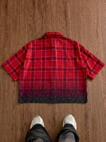 Manfinity Unisex Men's Plaid Placement Print Rhinestone Embellished Short Sleeve Shirt, Spring/Summer - Red - View 3