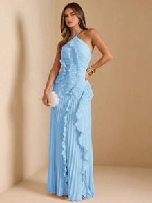 SHEIN BAE Women's Pink Halter Neck Pleated High Slit Dress, Suitable For Wedding Guest, Valentine's Day, Spring/Summer - Baby Blue - View 3