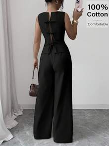 2 piezas Conjunto de camiseta de tirantes con nudo y pantalones casuales minimalistas para mujer, para uso diario - Negro - Ver 8