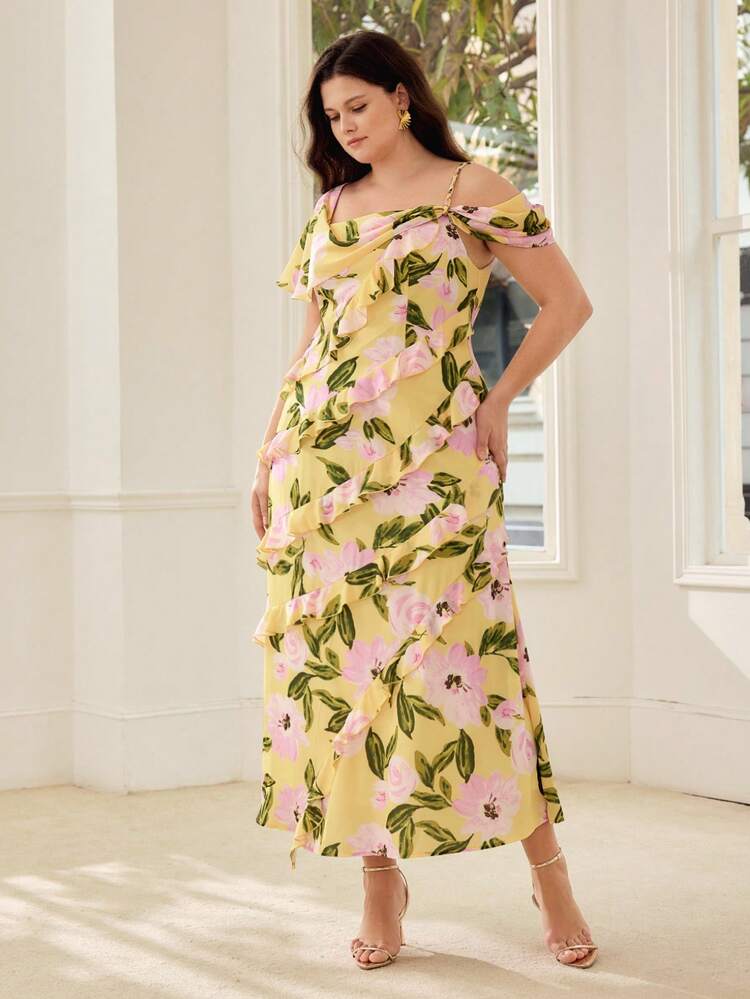 PLUS SIZE WOMEN FLORAL PRINT RUFFLE HEM DRESS, SPRING/SUMMER