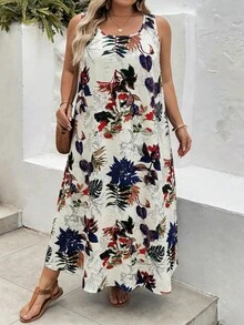 SHEIN CURVE+ Curve 尺码 US22 音乐节、海滨度假、波西米亚风夏季无袖印花白色连衣裙 波西米亚度假 - 彩色 - 查看 7