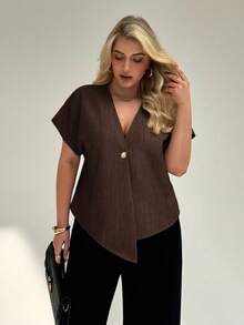 Auralis Plus Size Asymmetric Hem Shirt, Summer Fashion - Brown - View 3