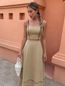 Flora Isola Flora Isola 女士优雅吊带背心和A字长裙两件套 - 卡其色 - 查看 4