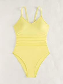 Swim Basics Women's Solid Color One-Piece Swimsuit, Suitable For Beach Vacation - Pale Yellow - View 4