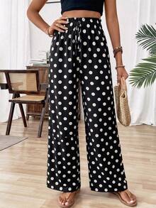 Pantalones anchos de pierna ancha con estampado de lunares, con nudo en la cintura, estilo casual de vacaciones para mujer - Blanco y Negro - Ver 3