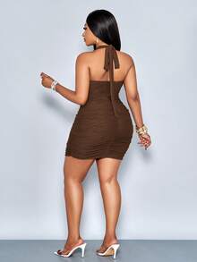 SOLERSUN Rochie mini elegantă și sexy pentru femei, de mărime mare, la modă de primăvară și vară, la modă, elegantă, sexy, de vacanță, fără mâneci, cu umăr despicat, curea la gât, spate, fără piept, în formă de cupă, plisată, stea de mare, decorațiune metalică, coajă de stea de mare, cusătură laterală, plisată, slim fit, geantă de talie, culoare solidă, maro cafea, model masiv, material tricotat jacquard, potrivită pentru îmbrăcăminte zilnică, cumpărături, întâlniri, vacanță la plajă, petrecere cocktail, îmbrăcăminte pentru sezonul de întoarcere la școală, petrecere fierbinte pe insulă - cafea maro - Vizualizare 8