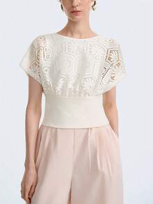 Aalyst Women's Fashion Knitted Diamond Lace Patchwork Batwing Sleeve Waist Cinched Hem Elegant Romantic Casual Daily Wear T-Shirt, Suitable For Spring/Summer - Apricot - View 5