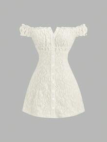 Sweetra 女士甜美提花镂空性感露肩休闲修身连衣裙，适合春夏穿着 - 杏色 - 查看 1