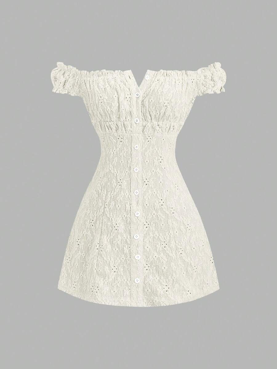 Sweetra 女士甜美提花镂空性感露肩休闲修身连衣裙，适合春夏穿着 - 杏色 - 查看 1