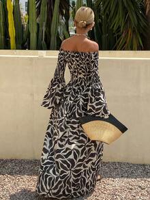 女士度假植物印花露肩喇叭袖中长连衣裙 - 黑色 - 查看 5
