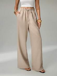 SHEIN Tall Quần kaki nữ dáng suông, cạp chun, chất liệu không co giãn. - Màu Khaki - Xem 3