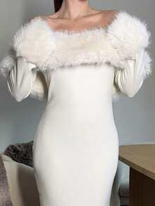 Abrilcols Apricot Off Shoulder Fuzzy Bodycon Long Sleeve Sweater Dress, Thermal Lined Thick Autumn/Winter Dress, Apricot Sexy Off Shoulder Maxi Dress, Date Night Dress, Birthday Dress, Nightclub Party Dress, Suitable For Halloween, Christmas, Date Party, Elegant Printed Dress,Valentine's Day,Valentine Outfits For Women - Beige - View 3