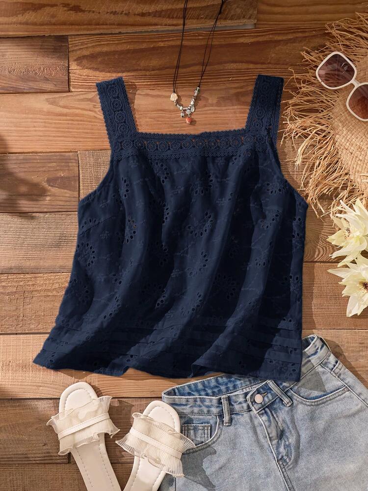 Plus Size Women's Spring/Summer Casual Vacation Lace Patchwork Spaghetti Strap Backless Embroidered Blue Blouse, Plus Size Women's Summer Casual Vacation Country Lace Patchwork Open Back Embroidered Solid Color Navy Blue Sleeveless Blouse, Summer Holiday,Spring Break,Vacation,Going Out,2026 New,Simple And Fashionable For Everyday Wear,Casual Vacation Boho Top,Suitable For Summer, Vacation, Commute, Daily Wear,Gifts For Mother