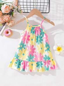 SHEIN Playful Pals 女婴可爱甜美无袖A字连衣裙，宽松休闲荷叶边下摆，活泼俏皮，适合夏季外出、海滩和日常穿着。 - 彩色 - 查看 2