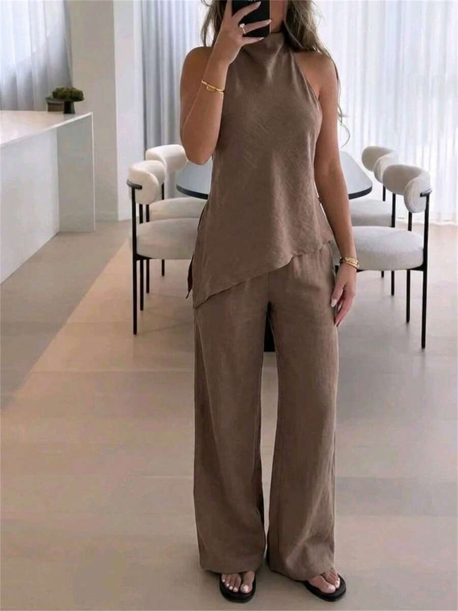Aloruh Conjunto de 2 piezas de mujer con camisola elegante sin espalda de cuello halter y pantalones de pierna ancha de cintura alta, adecuado para uso en la oficina