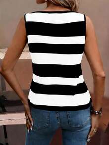 EMERY ROSE Camiseta sin mangas de mujer con bloques de color y rayas, estilo casual para vacaciones - Blanco y Negro - Ver 2