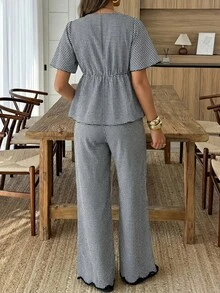 Selianne Women's V-Neck Bow Tie Ruffle Sleeve Shirt And Wide Leg Pants Two Pieces Set, Loose Fit, Casual, Suitable For Daily Wear And Vacation - Black and White - View 2