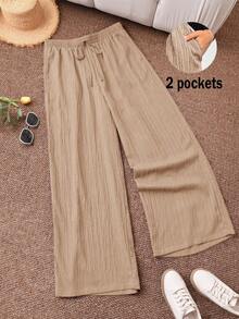 CosyJoli 大码女装春夏新款商务休闲沙滩装，情人节时尚通勤优雅紫色莲藕粉色阔腿裤，带口袋。沙滩度假装，薰衣草色大学生装，情人节服装，邮轮装，夏季宽松女裤 - 卡其色 - 查看 4