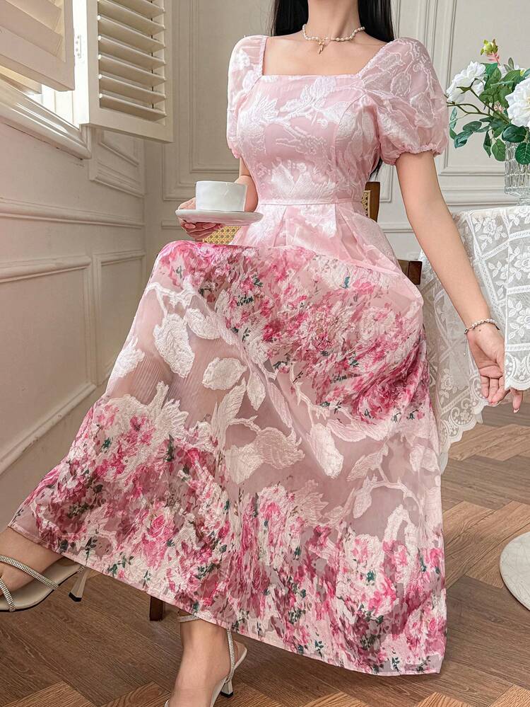 Women's Elegant Floral Print Square Neck Mid-Length Dress, Summer,Wedding Guest Dress Women Sundress