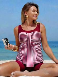 Swim Lushoire 2件套条纹拼接前褶皱设计女士吊带比基尼上衣 Zestiva泳装 Yummy Control 泳衣沙滩装 女士保守款上衣 Yrack 套装 Z65c7 女装折扣 - 酒紅色 - 查看 1