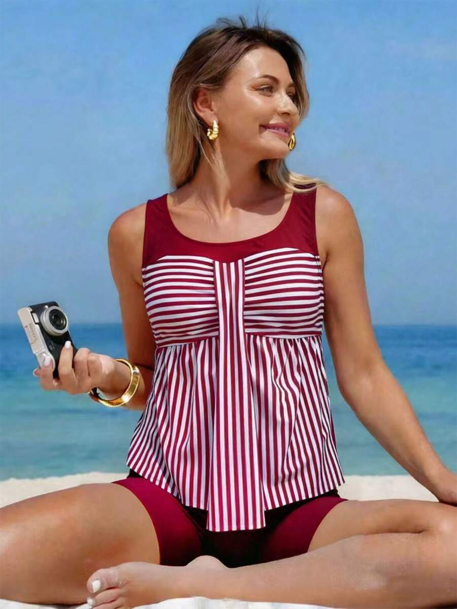 Swim Lushoire 2件套条纹拼接前褶皱设计女士吊带比基尼上衣 Zestiva泳装 Yummy Control 泳衣沙滩装 女士保守款上衣 Yrack 套装 Z65c7 女装折扣 - 酒紅色 - 查看 1